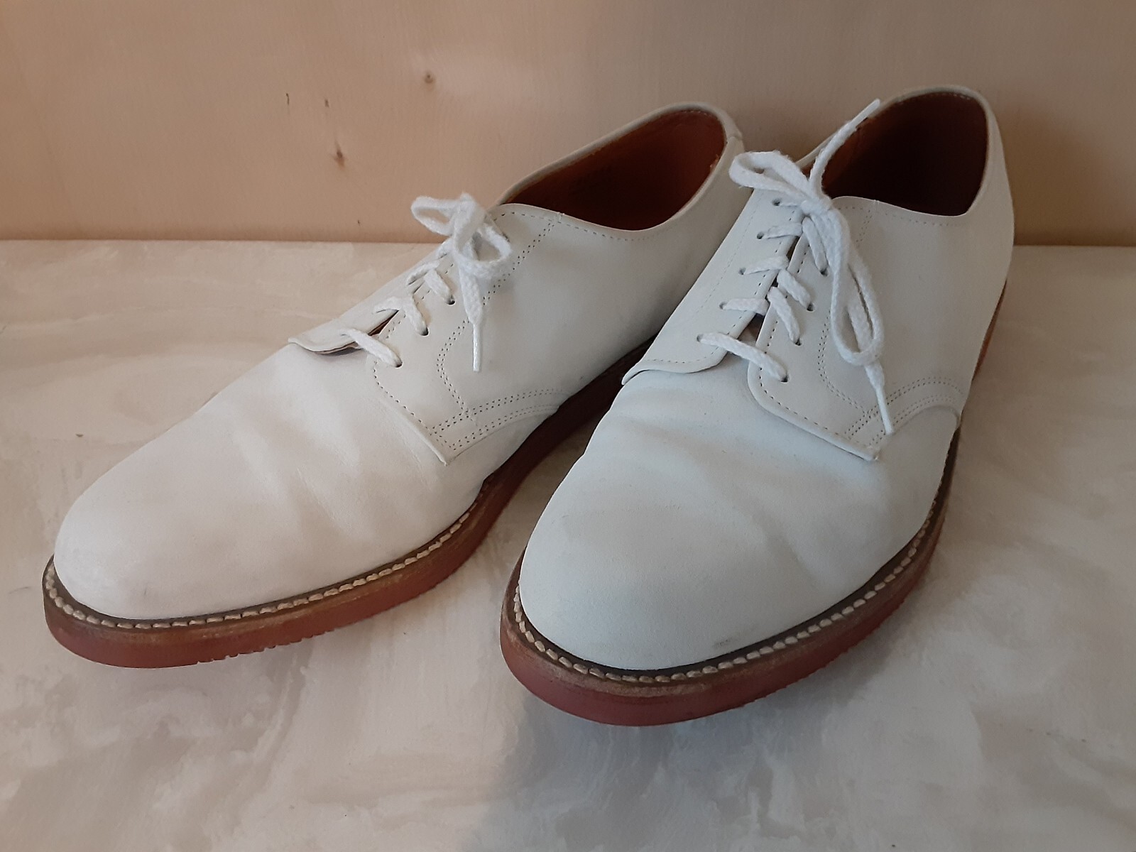 Vtg Lands' End Nubuck Shoes 10 1/2 Ivory Oxfords Red Vibram Soles Dirty
