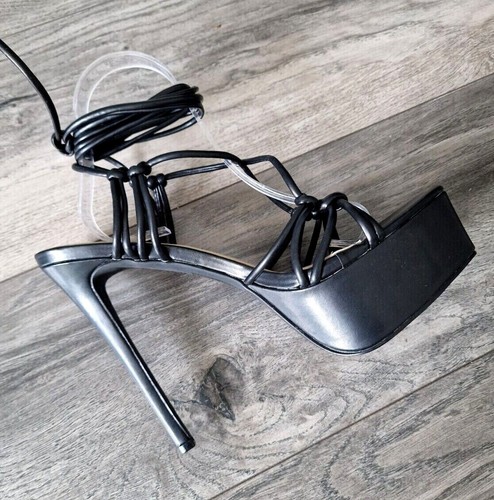 Womens Black Stiletto High Heel Tie Up Strappy Extreme Platform Sandals UK 3 - Picture 7 of 8
