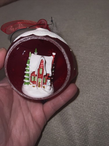 Diarama vintage vetro rosso ornamento natalizio casa vittoriana con pupazzo di neve - Foto 7 di 7