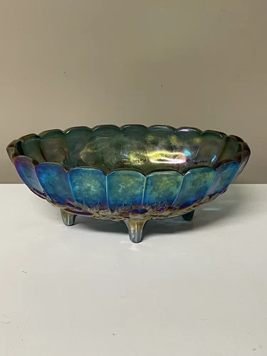 Vintage Blue Carnival Glass Oval Footed Fruit Bowl Iridescent 12.25”x8.5”x4.5”
