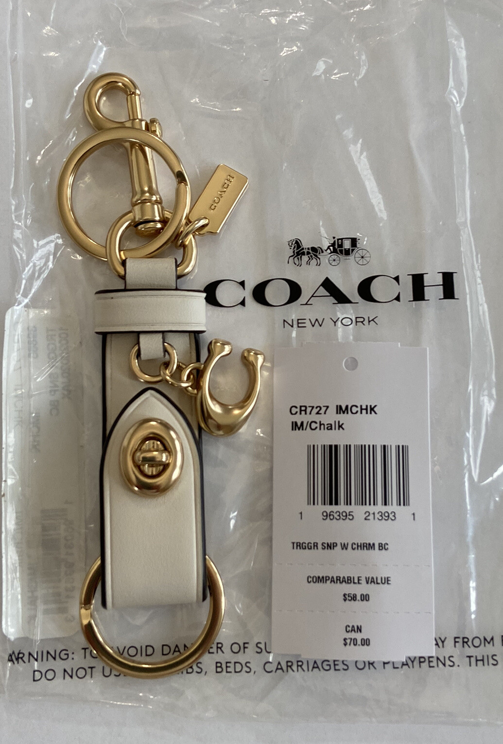 COACH SIGNATURE KEY CHAIN/FOB/SNAP/BAG CHARM/VALET/CHALK 🤍WHITE CR727