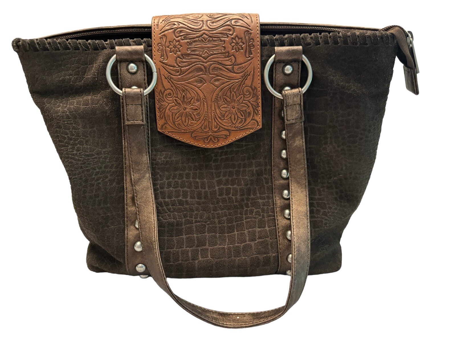 Shyanne Amber Tooled Suede Faux Leather Studded Western Tote 15 Wide