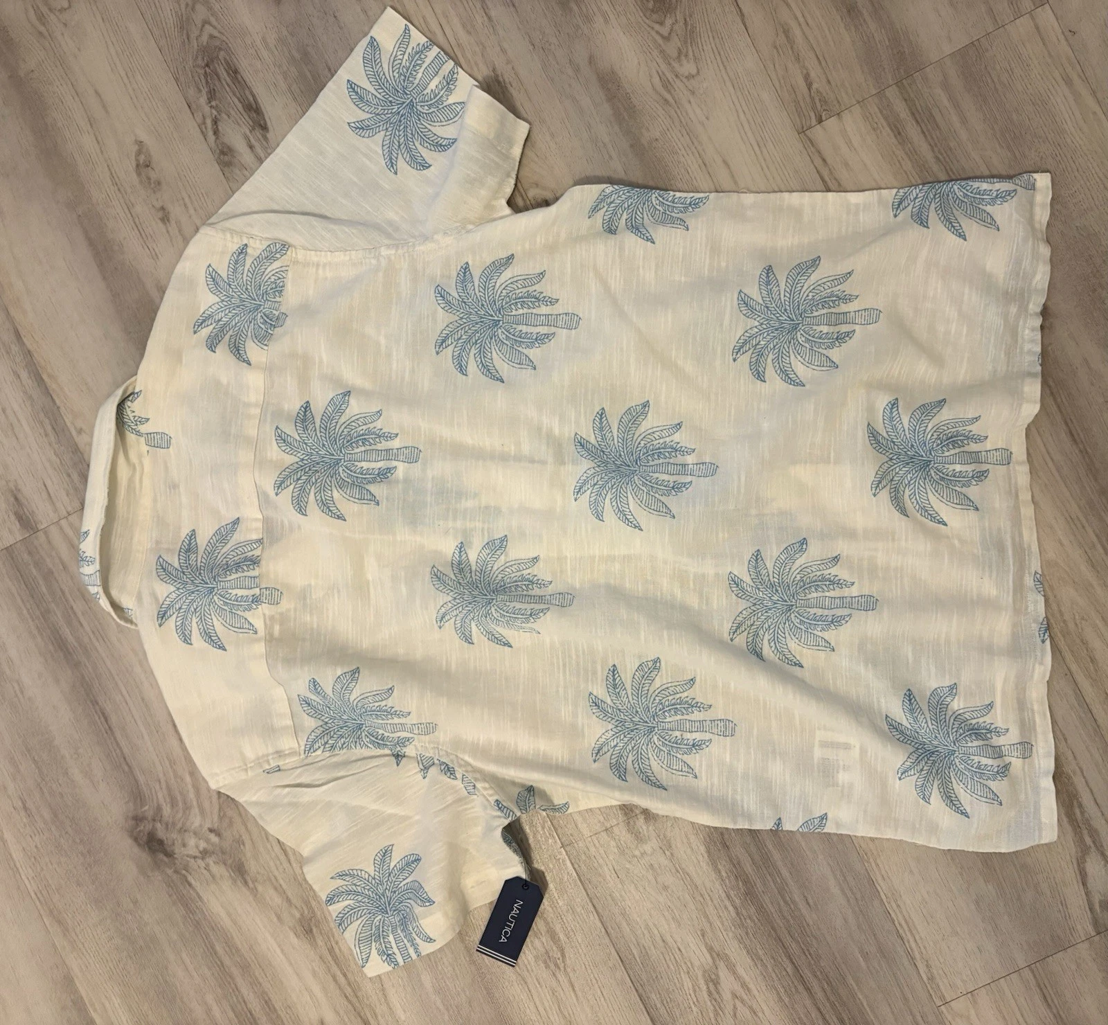 Nautica Linen Palm Tree Print Button-Up Shirt Short Sleeve Size L White/Blue image 4
