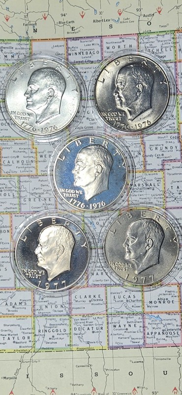 Silver 1976 ST1, Clad 76 DT1, Proof 76T2, 77 S Proof, 77 MS $1 Eisenhower 5 coin