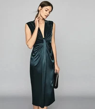 REISS NWT $265 Livvy Velvet Satin Plunge Bodycon Dress in Teal Size US 4