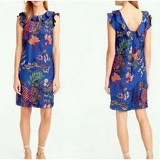 J CREW Tropical Floral Blue Flutter Ruffle Silk Shift Dress F3884 SZ 4 EUC