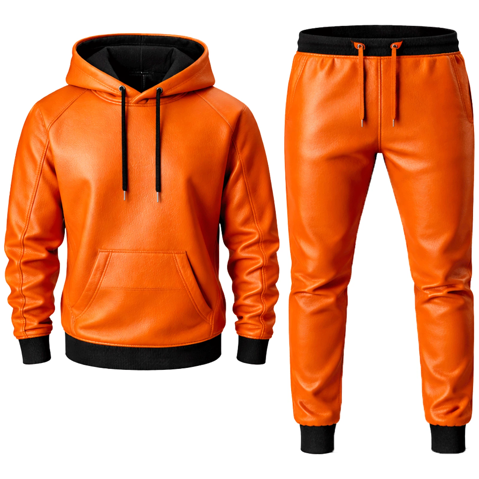 Men’s Genuine Lambskin Leather Hoodie Pants Set – Handmade Orange Leather Outfit