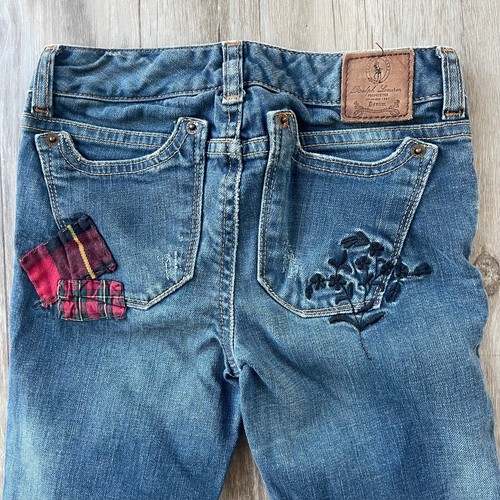Ralph Lauren Girls Size 7 Patchwork Jeans Distressed Floral Embroidery Denim - Picture 9 of 14