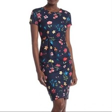 NEW Tahari Short Sleeve Bold Blooms Floral Twist Dress Navy Blue Womens Size 14