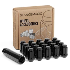 20pc 12x1.5 Lug Nuts with Socket Key | Cone Seat | Long Closed End Black Spline