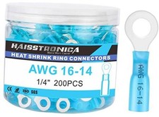 200PCS Heat Shrink Ring Terminals, 16-14 AWG, 1/4 in - Battery Ring 1/4" Blue