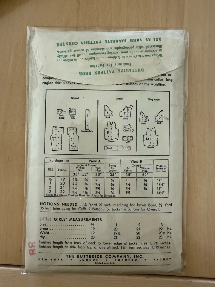 Vintage 1940’s Butterick 3917 Pattern Overalls, And Lumber Jacket Sz 2 Unused - Image 2 of 2