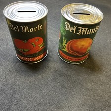 Set Of 2 Vintage Del Monte Can Coin Banks Spanish Style Tomato Sauce Cling Peach