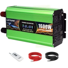 1600W Pure Sine Wave Power Inverters, 3000W Peak Power 12V DC to AC 120V Conv...