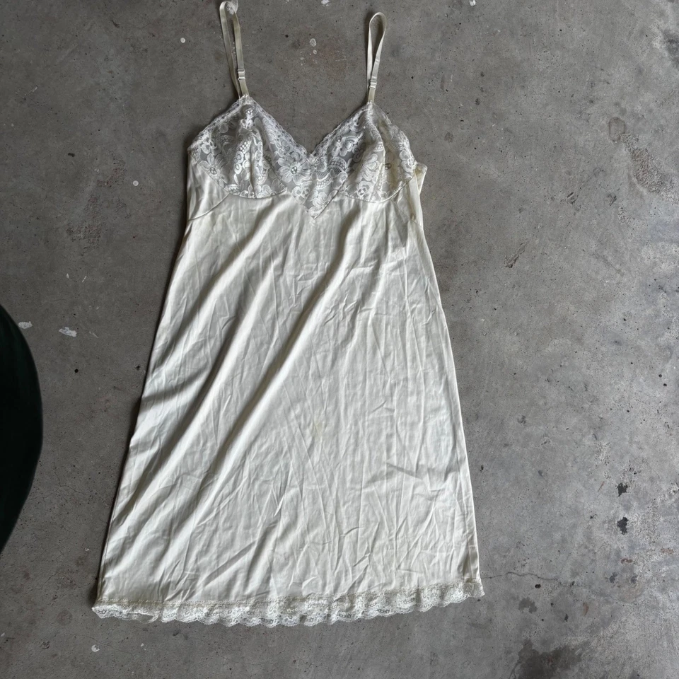 Vestido sin cordones vintage marfil con ribete de encaje camisola lencería vestido talla M hada Foto 2 de 4