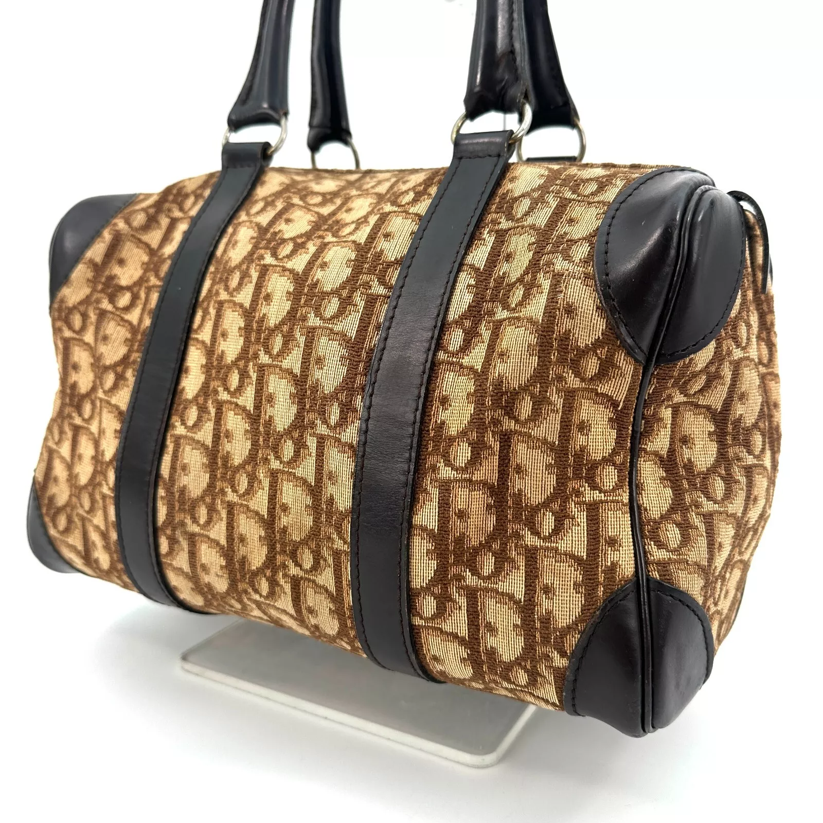 Sac à main trotteur Christian Dior vintage mini sac Boston marron toile cuir authentique