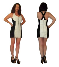 SALE!! XS S Vtg 80s B/W LEATHER Colorblock Corset Bodycon Bandage Mini Dress