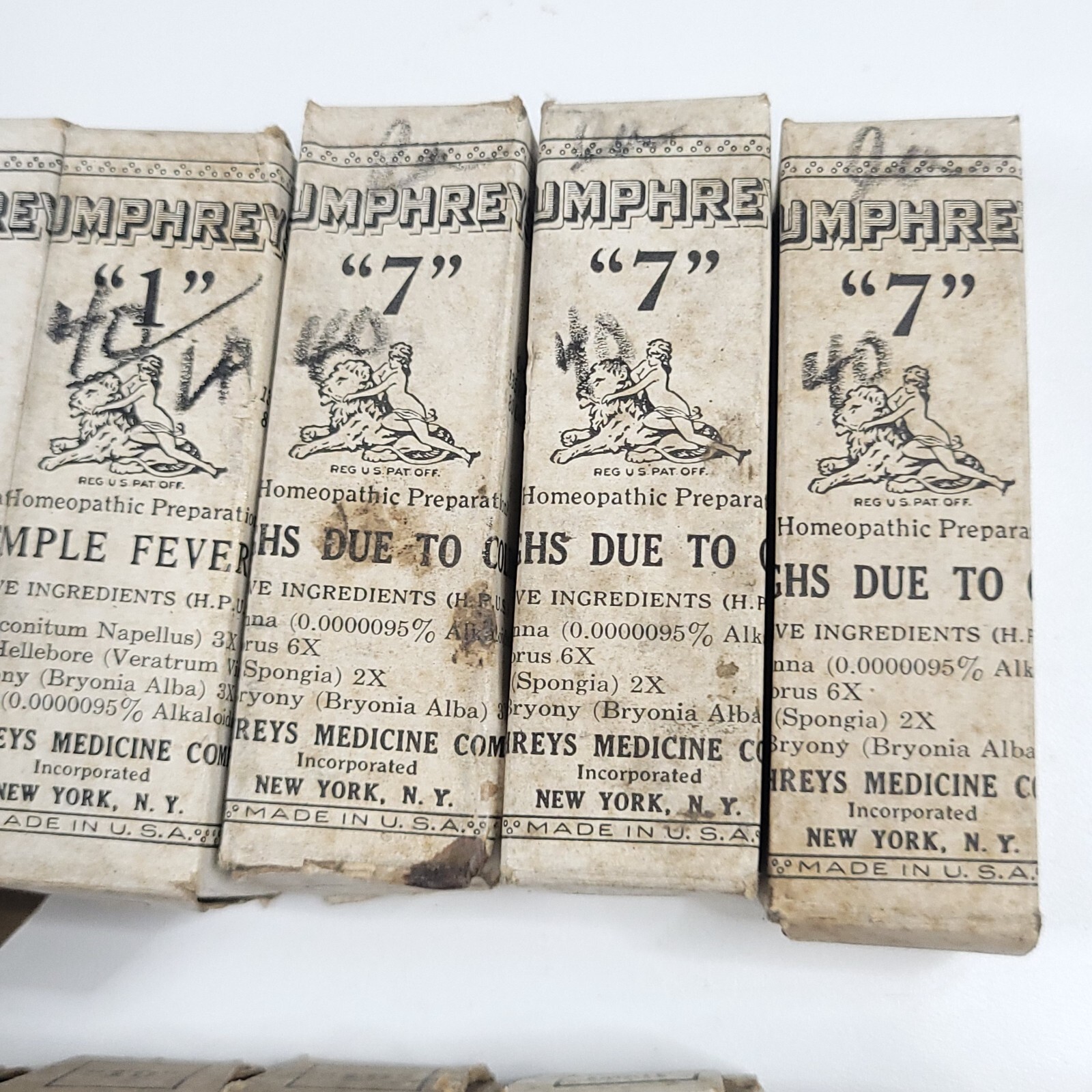 Lot (20) c.1895 Humphreys Medicine Co. Homeopathic Cure Bottles & Boxes