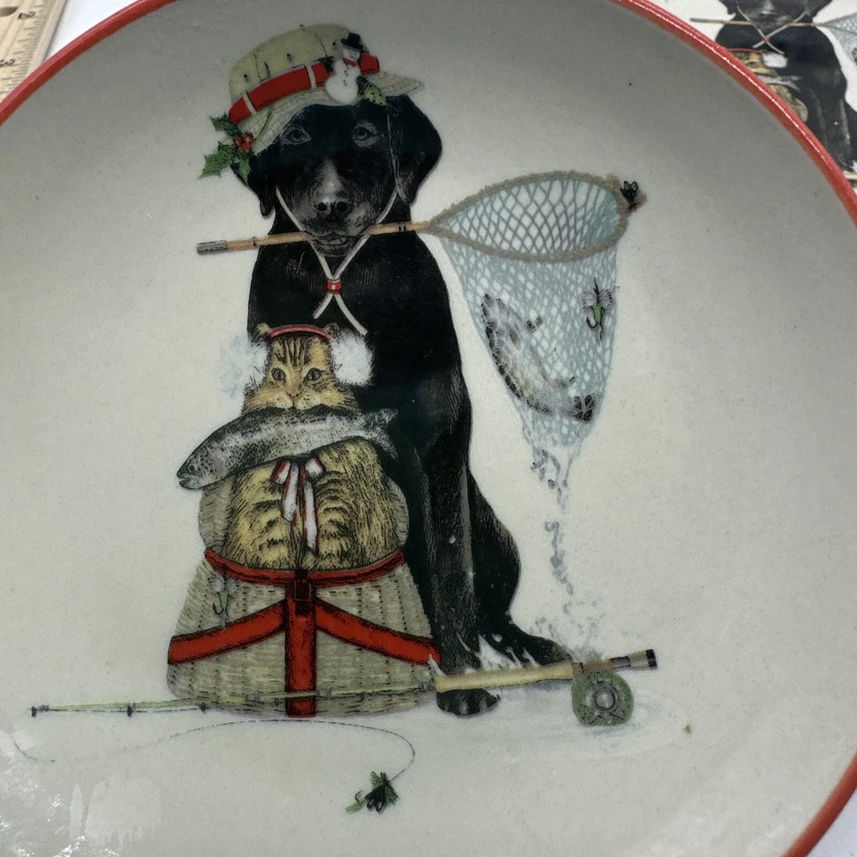 Mary Lake-Thompson Stoneware  Appetizer Plates, Set of 3 Fishing Dog Cat For Dad - Image 4 of 4