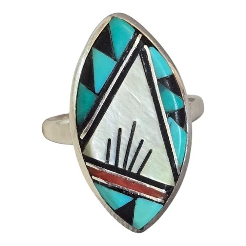 Vintage Native American Zuni MOP Turquoise Onyx Inlay in Silver Ring Size 6.75