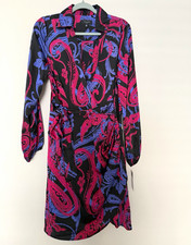 Tahari ASL Black Pink Blue Paisley Wrap V-Neck Long Sleeve Dress 10 Knee
