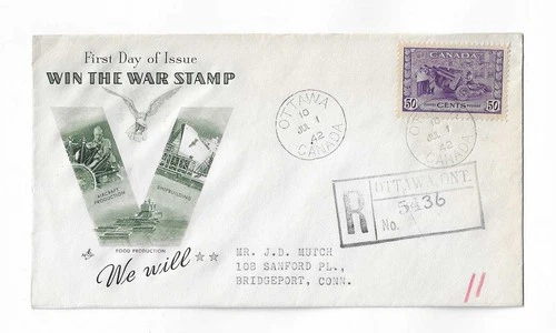 Canada 1942 50c munitions on registered FDC with a better patriotic cachet