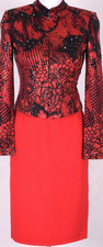 ST.JOHN Women's Red Black Print Sequins Studs Rhinestone Zip Jacket Skirt Sz 4