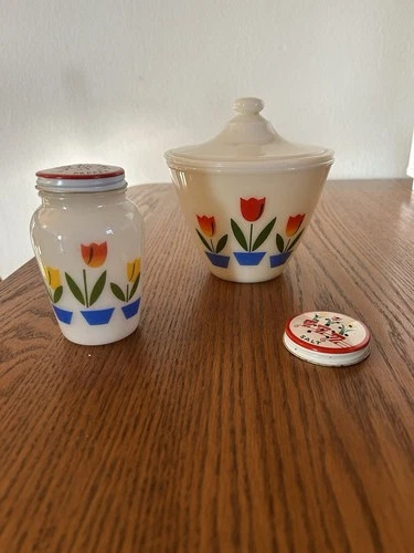 Vintage Fire King Tulip Salt & Pepper Shakers w/Original Lid And Grease Jar
