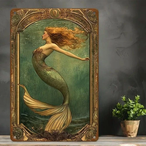 Vintage Mermaid Rust-Proof Golden Tin Metal Signs Home Décor 8x12