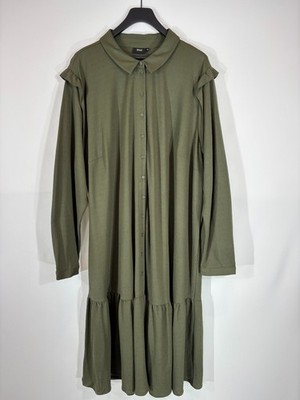 ZIZZI Mcause Dress Women's XL Long Sleeve Ruffle Midi Button Up Khaki Green