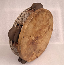 RARE MIDDLE EAST ARABIC ANTIQUE 19th DAMASCUS TAMBOURINE CHECKERED WOOD HANDMADE