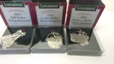 Vtg LONGABERGER 3 Pewter Basket ORNAMENTS 1983 1985 1987 Christmas w/Box