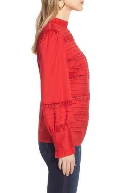 Blusa halógena 156441 con inserción de encaje mezcla de algodón rojo chinoise manga obispo talla L Foto 3 de 4