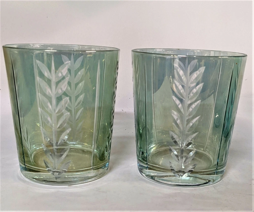 Tumbler Glasses Etched Wheat Motif Light Green Iridescent Old Fashioned Lot of 2