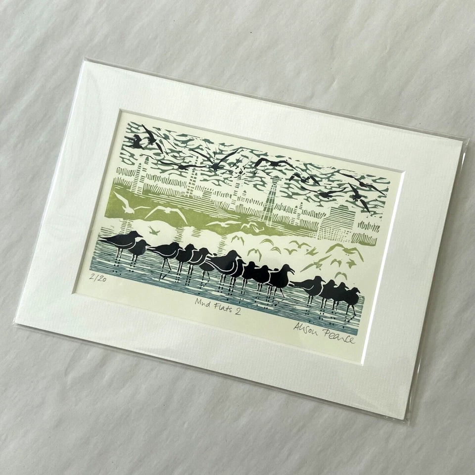 Pájaro arte original firmado Mud Flats 2 naturaleza linocut impresión edición limitada Foto 4 de 4