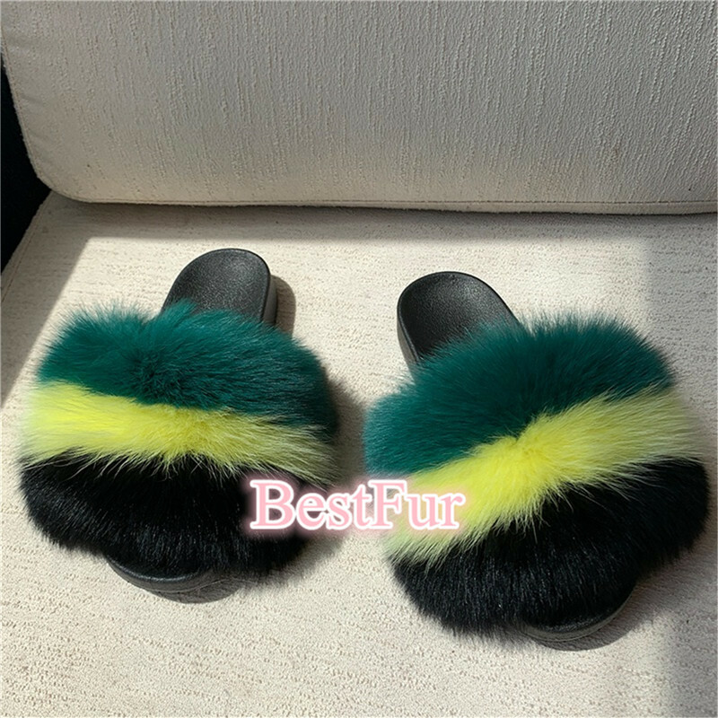 SAOLA Sandali ciabatte ciabatte verde giallo nero max large XXL vera pelliccia di volpe