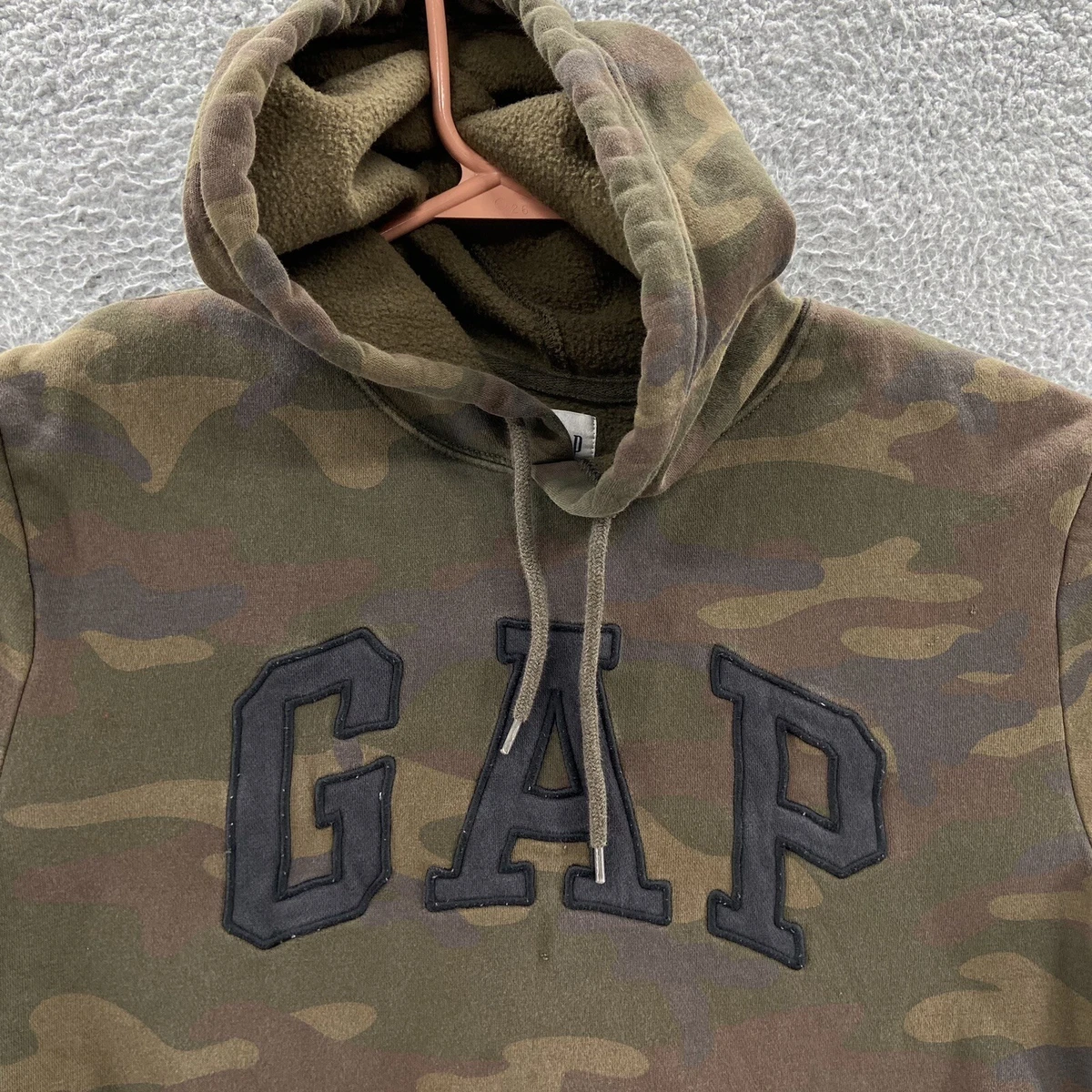 VINTAGE Gap Hoodie Mens Small Camo Green Spellout Fleece Pullover