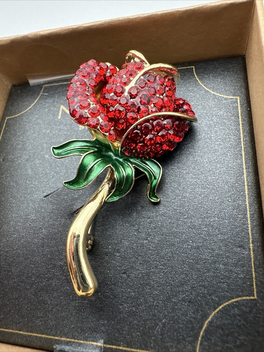 Vintage Monet Gold Tone Red Rose With Stem & Leafs Brooch