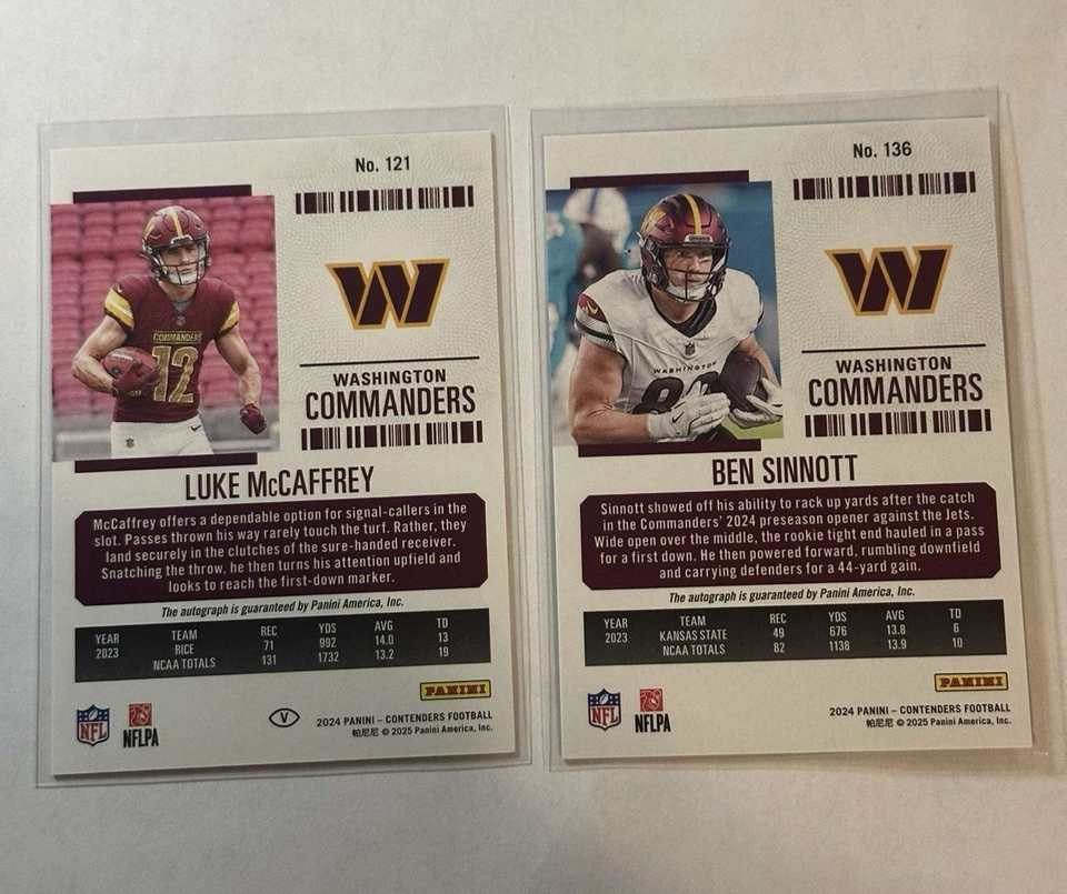 Commanders On Card Auto Lot – Sinnott Red Zone FOTL + McCaffrey Rookie ...