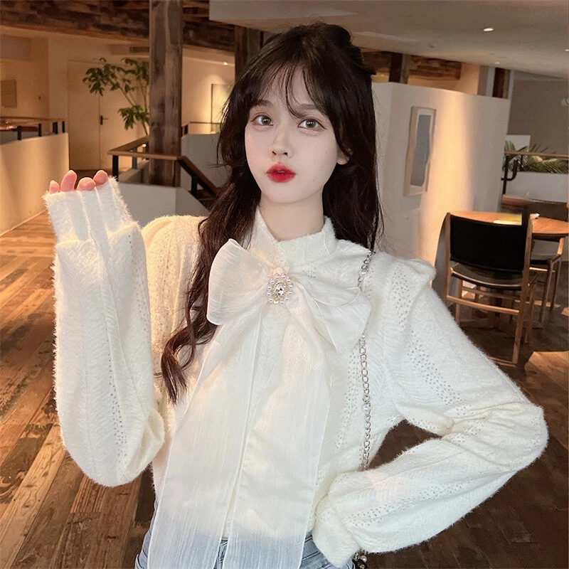 Women s Cute Lace Bow Bubble Sleeve Stand Up Collar Shirt Fashion Formal Blouse