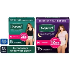 Depend Fresh Protection (18ct) & Night Defense (15ct) Incontinence Underwear