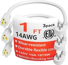 3 Pk 1 Ft 14/3 SJTW Heavy Duty Extension Cord 15A Flat Plug Indoor/Outdoor White