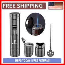 Jet Blue Flame Cigar Lighter in Gun Ash with Puncher & Enhancer - Exquisite Gift