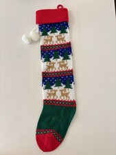 Vintage Nordic Reindeer Knit Christmas Stocking Snowflakes Pom Pom Cottage Core