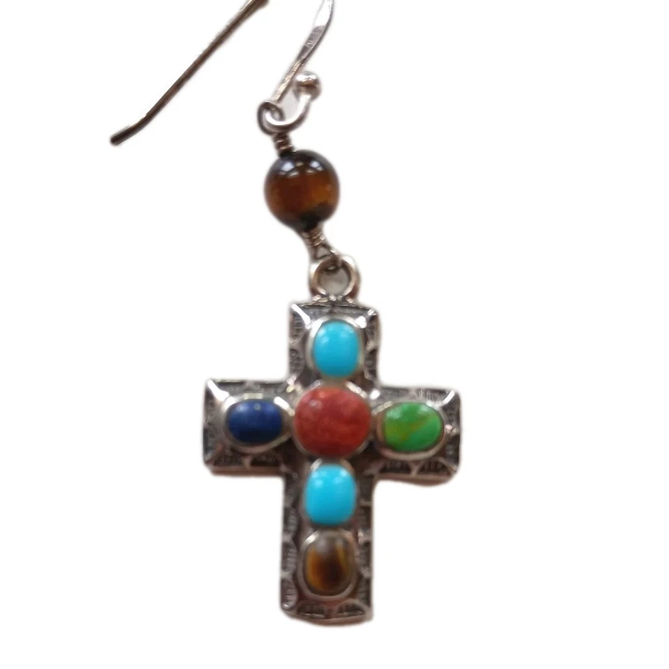 925 Sterling Silver Cross Earrings  Multicolored Gemstones Religious Drops - Image 2 of 4