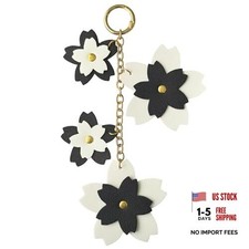 Cherry Blossom Bag Charm, Faux Leather Flower Keychain for Purse Charm Black
