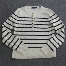 Veronica Beard Sweater Womens S White Crewneck Henley Striped Knit Pullover