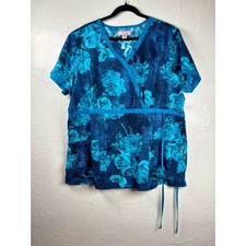 Koi Kathy Peterson Women Scrub Top 3XL Blue Floral Mock Wrap Nurse Medical Cute