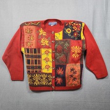 Vintage Womens Granny Cardigan Sweater Medium Red Floral Shoulder Pads Classic