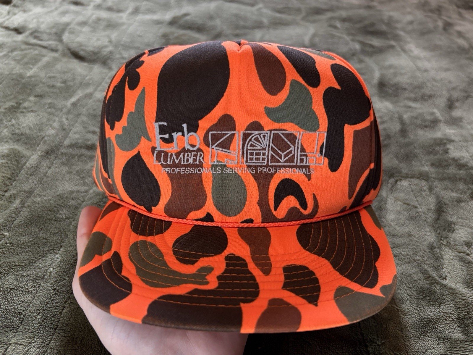 Vintage Camo Hat Orange Safety Camouflage Snap Back Cap 80s Hunting Trucker